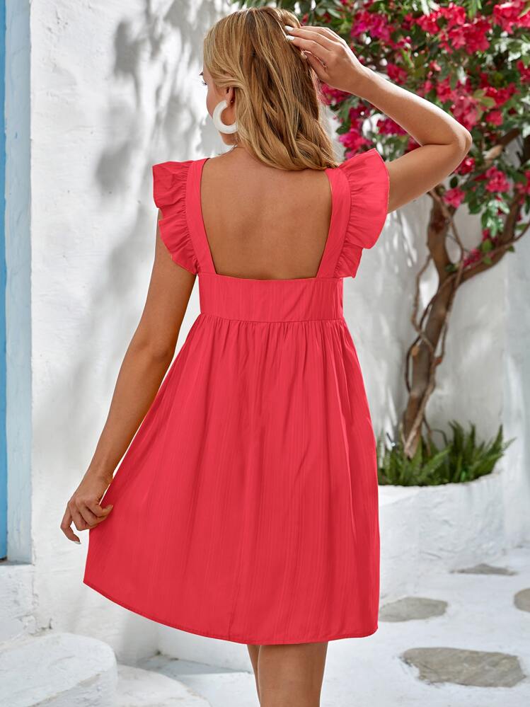 SHEIN Maternity Solid Ruffle Trim Dress - Red - View 2