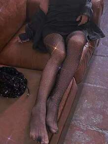 Rhinestone Decor Fishnet Tights - Black - View 2