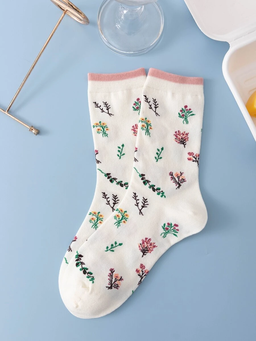 1pair Women Floral Pattern Casual Style Crew Socks