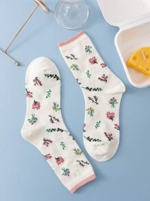 1pair Women Floral Pattern Casual Style Crew Socks