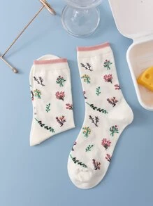 1pair Women Floral Pattern Casual Style Crew Socks