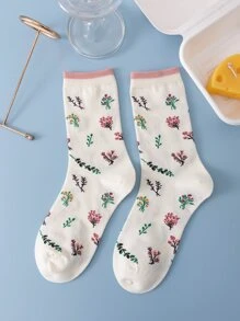 1pair Women Floral Pattern Casual Style Crew Socks