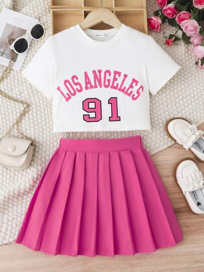 Tween Girl Letter Graphic Tee & Pleated Skirt