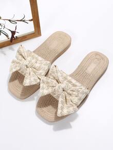 Women Bow Decor Slide Sandals, Vacation Outdoor Polyester Flat Sandals - Beige - View 6