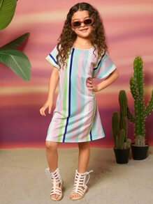 SHEIN Girls Striped Print Batwing Sleeve Dress - Multicolor - View 1