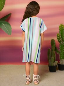 SHEIN Girls Striped Print Batwing Sleeve Dress - Multicolor - View 2