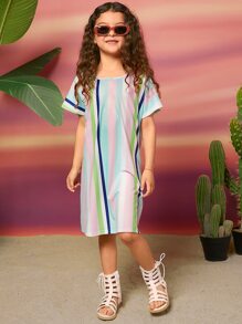 SHEIN Girls Striped Print Batwing Sleeve Dress - Multicolor - View 3