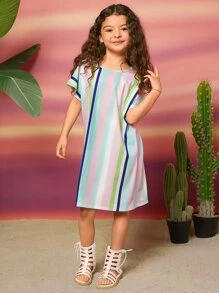 SHEIN Girls Striped Print Batwing Sleeve Dress - Multicolor - View 4
