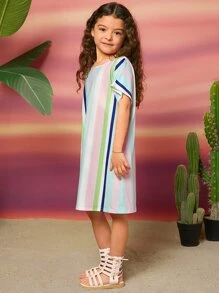 SHEIN Girls Striped Print Batwing Sleeve Dress - Multicolor - View 5