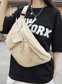 Oversized Bum Bag Pocket Front Studded Decor - Beige - View 1