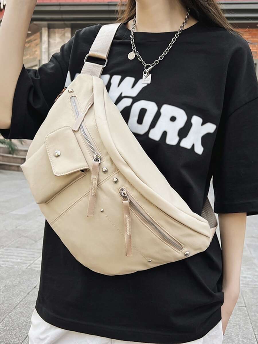 Oversized Bum Bag Pocket Front Studded Decor - Beige - View 1