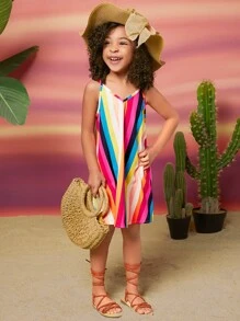 SHEIN Leap Crew Sweet Cute V-Neck Rainbow Striped Cami Dress For Young Girl, Summer