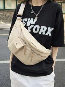 Oversized Bum Bag Pocket Front Studded Decor - Beige - View 2