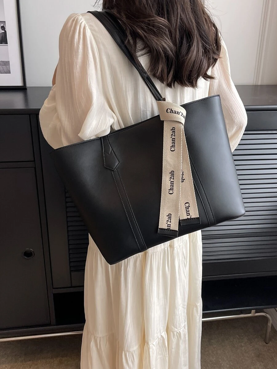 極簡單肩托特包字母織帶裝飾 - 黑色 - 查看 1