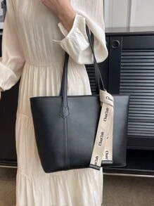 極簡單肩托特包字母織帶裝飾 - 黑色 - 查看 2