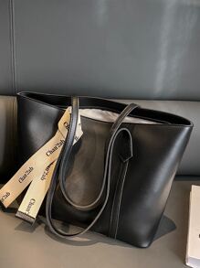 極簡單肩托特包字母織帶裝飾 - 黑色 - 查看 4