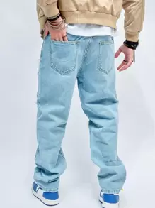 Manfinity Roghcode Loose-Fitting Men's Ripped & Frayed Jeans With Rag Stitching, Material Frayed Jeans Plain Long Straight Leg Ripped Light Blue Cargo Jeans, For Husband, Boyfriend Gifts - Light Wash - View 2