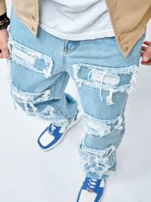 Manfinity Roghcode Loose-Fitting Men's Ripped & Frayed Jeans With Rag Stitching, Material Frayed Jeans Plain Long Straight Leg Ripped Light Blue Cargo Jeans, For Husband, Boyfriend Gifts - Light Wash - View 3