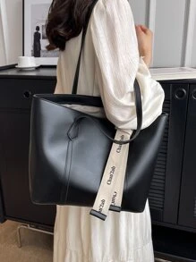 極簡單肩托特包字母織帶裝飾 - 黑色 - 查看 6