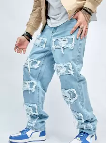 Manfinity Roghcode Loose-Fitting Men's Ripped & Frayed Jeans With Rag Stitching, Material Frayed Jeans Plain Long Straight Leg Ripped Light Blue Cargo Jeans, For Husband, Boyfriend Gifts - Light Wash - View 5