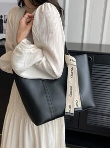 極簡單肩托特包字母織帶裝飾 - 黑色 - 查看 7