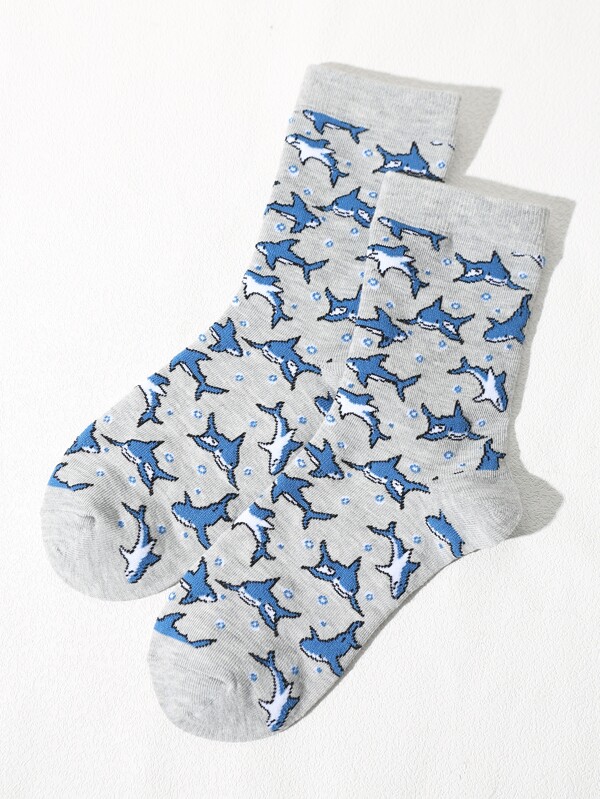 1 Pair Of Men's Cartoon Shark Fun INS Cute Unisex Couple Cartoon Sports Socks Skateboard Mid-Calf Socks