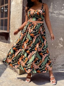 SHEIN Clasi 大碼熱帶圖案後背繫帶掛脖上衣和半身裙 - 彩色 - 查看 4