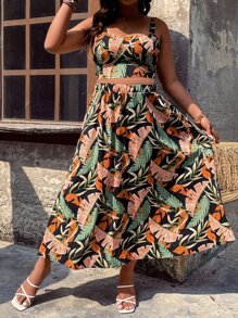 SHEIN Clasi 大碼熱帶圖案後背繫帶掛脖上衣和半身裙 - 彩色 - 查看 6