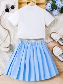 SHEIN Tween Girl 字母图案 T 恤和百褶裙 - 藍白色 - 查看 2