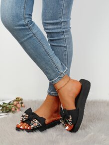 時尚拖鞋適用於女士蝴蝶結裝飾單帶拖鞋 - 黑色 - 查看 4