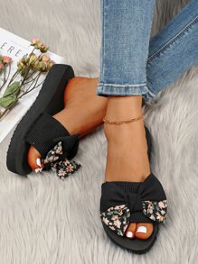 時尚拖鞋適用於女士蝴蝶結裝飾單帶拖鞋 - 黑色 - 查看 5