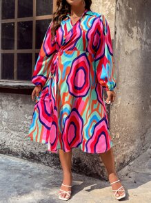 SHEIN LUNE Plus Allover Print Lantern Sleeve Dress - Multicolor - View 1