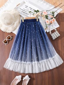 SHEIN Chicas Falda de ombré con estampado de estrella de malla en contraste bajo con fruncido - Azul y blanco - Ver 1