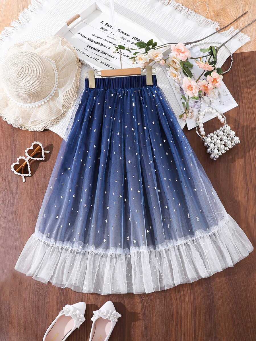 SHEIN Chicas Falda de ombré con estampado de estrella de malla en contraste bajo con fruncido - Azul y blanco - Ver 1
