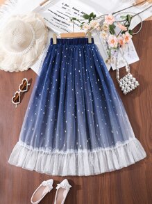 SHEIN Chicas Falda de ombré con estampado de estrella de malla en contraste bajo con fruncido - Azul y blanco - Ver 2