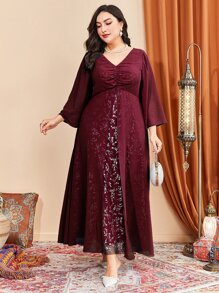 Modelyn Vestido con manga de campana, busto fruncido y malla de contraste en color borgoña rojo - Burdeos - Ver 1