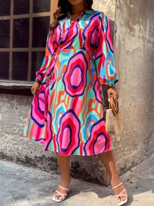 SHEIN LUNE Plus Allover Print Lantern Sleeve Dress - Multicolor - View 4