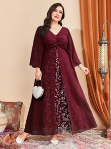 Modelyn Vestido con manga de campana, busto fruncido y malla de contraste en color borgoña rojo - Burdeos - Ver 3