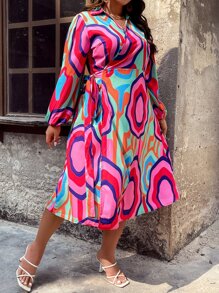 SHEIN LUNE Plus Allover Print Lantern Sleeve Dress - Multicolor - View 5