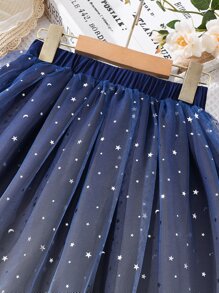 SHEIN Chicas Falda de ombré con estampado de estrella de malla en contraste bajo con fruncido - Azul y blanco - Ver 3