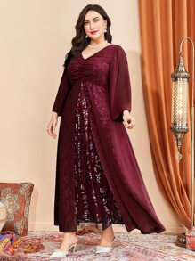 Modelyn Vestido con manga de campana, busto fruncido y malla de contraste en color borgoña rojo - Burdeos - Ver 4