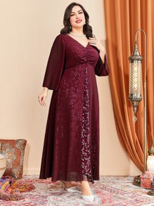Modelyn Vestido con manga de campana, busto fruncido y malla de contraste en color borgoña rojo - Burdeos - Ver 5
