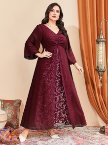 Modelyn Vestido con manga de campana, busto fruncido y malla de contraste en color borgoña rojo - Burdeos - Ver 6