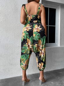 SHEIN Holidaya Plus Tropical Print Tie Shoulder Jumpsuit - Black - View 2