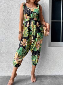 SHEIN Holidaya Plus Tropical Print Tie Shoulder Jumpsuit - Black - View 4