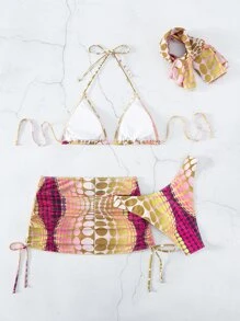 SHEIN Swim Summer Beach Polka Dot Halter Triangle Bikini Set With Beach Skirt - Multicolor - View 2