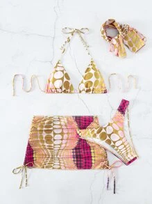 SHEIN Swim Summer Beach Polka Dot Halter Triangle Bikini Set With Beach Skirt - Multicolor - View 4