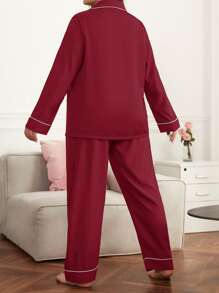 Plus Letter Embroidery Contrast Piping PJ Set / Pajama Set - Burgundy - View 2