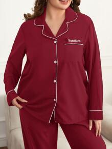 Plus Letter Embroidery Contrast Piping PJ Set / Pajama Set - Burgundy - View 3
