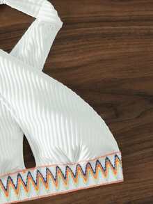 鋸齒紋織帶掛脖比基尼泳裝 - 白色 - 查看 4